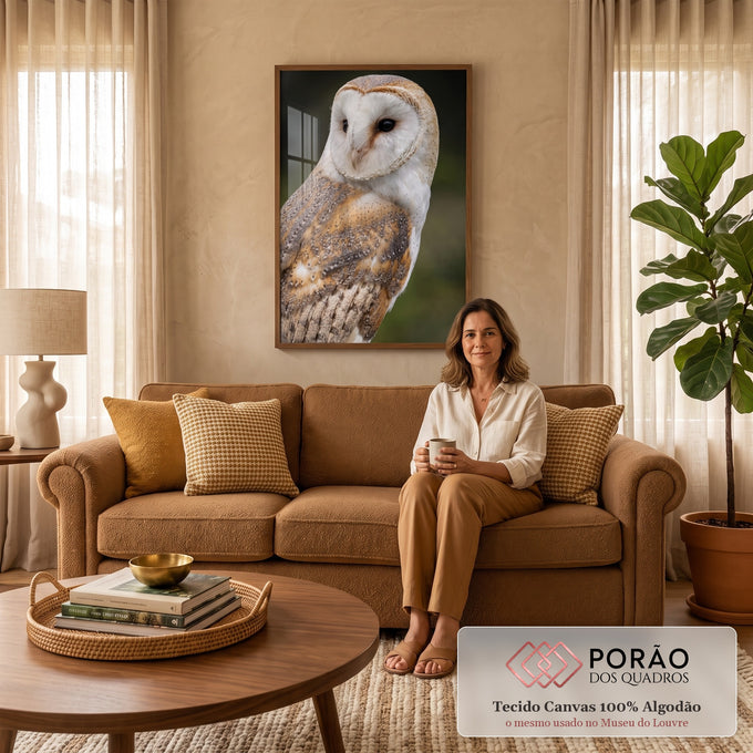 Coruja-das-torres de rosto branco e penas bege sobre fundo verde desfocado, quadro decorativo