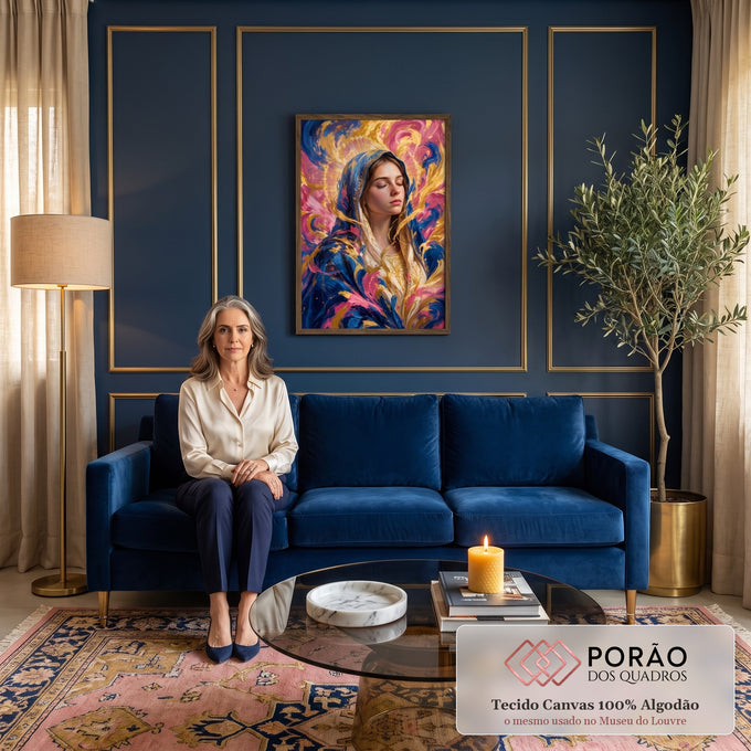 Quadro Decorativo Grande Nossa Senhora Manto para Sala Azul | quadros decorativos para sala de estar | mulher com véu azul e halo dourado em fundo abstrato colorido | em ambiente 3 | Porao dos Quadros
