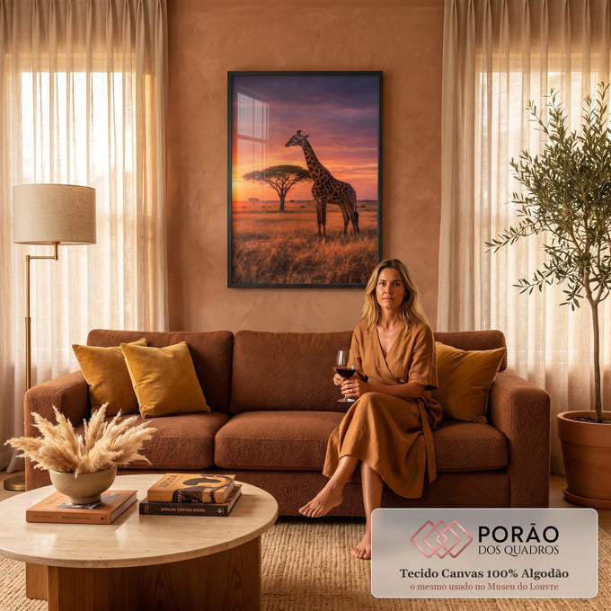 Quadro Decorativo Grande Girafa e Acácia para Sala Laranja | quadros decorativos para sala de estar | girafa em savana africana contra céu laranja e roxo ao pôr do sol | em ambiente 3 | Porao dos Quadros