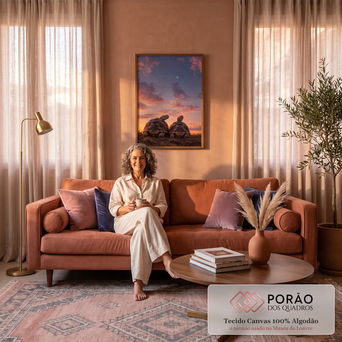 Quadro Decorativo Grande Tartarugas Observando para Sala | quadros decorativos para sala de estar | duas tartarugas em primeiro plano contra céu rosa de pôr do sol com lua crescente | em ambiente 3 | Porao dos Quadros