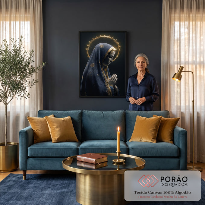 Quadro Decorativo Grande Nossa Senhora em Véu para Sala Azul | quadros decorativos para sala de estar | Nossa Senhora em perfil com véu azul bordado e halo dourado radiante | em ambiente 3 | Porao dos Quadros
