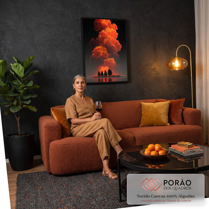 Nuvem de fogo laranja sobre ilha com pinheiros em silhueta, refletida em lago noturno, quadro decorativo