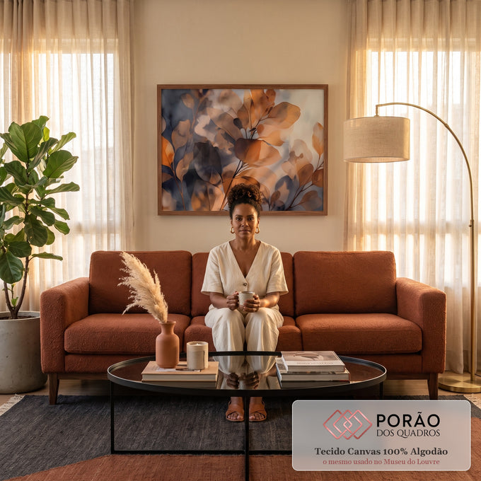 Quadro Decorativo Grande Folhas Outonais para Sala Laranja | quadros decorativos para sala de estar | ramos de folhas em aquarela laranja e cinza com efeito transparente | em ambiente 3 | Porao dos Quadros