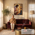 Quadro Decorativo Grande Jesus Segurando para Sala Dourado | quadros decorativos para sala de estar | Jesus de manto vermelho segura as mãos de mulher com véu azul sob céu dourado | em ambiente 3 | Porao dos Quadros