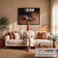 Quadro Decorativo Grande Terço e Crucifixo para Sala Marrom | quadros decorativos para sala de estar | pés descalços sobre madeira ao lado de terço, crucifixo e xícara de café | em ambiente 3 | Porao dos Quadros