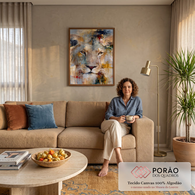 Quadro Decorativo Leão Abstrato em Tons Dourados e Azulados | quadros decorativos para sala de estar | rosto de leão em pinceladas abstratas nos tons dourado, bege e azul-acinzentado | em ambiente 3 | Porao dos Quadros