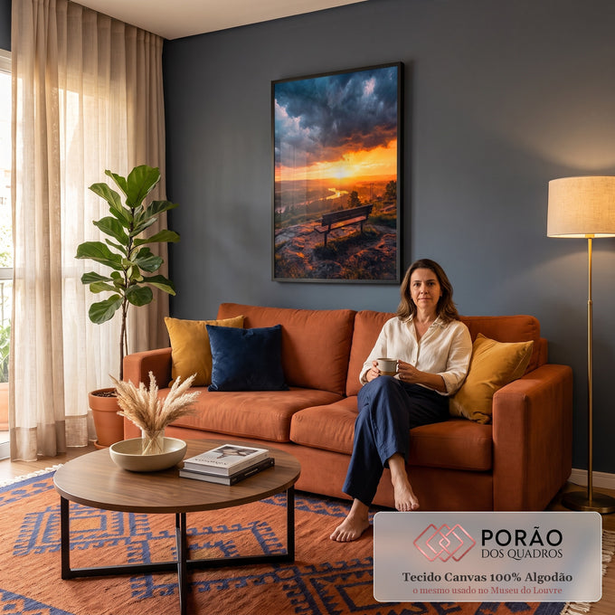 Banco de madeira em colina diante de rio sob pôr do sol laranja e nuvens escuras, quadro decorativo