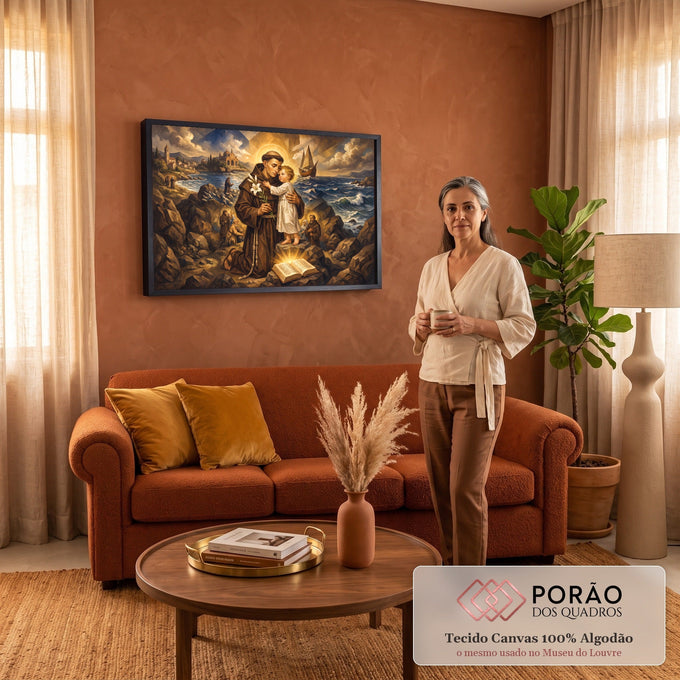 Santo Antônio abraça o Menino Jesus com lírio e Bíblia à beira-mar, pintura marrom, quadro decorativo