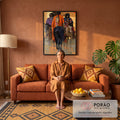 Quadro Decorativo Guerreiros Nativos a Cavalo em Tons | quadros decorativos para sala de estar | três guerreiros nativos americanos a cavalo em tons dourados e laranja | em ambiente 3 | Porao dos Quadros
