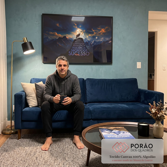 Quadro Decorativo Grande Lobo Uivando para Escritório Azul | quadros decorativos para sala de estar | lobo uivando para a lua cheia no topo de uma montanha com frase motivacional | em ambiente 3 | Porao dos Quadros