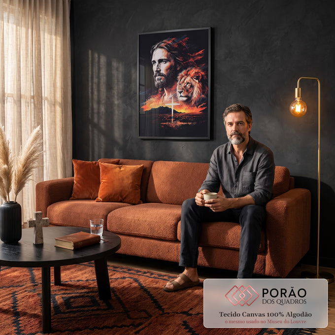 Quadro Decorativo Grande Jesus e Leão de Judá Cruz para Sala | quadros decorativos para sala de estar | retrato de Jesus barbudo ao lado da cabeça de um leão com cruz e pôr do sol laranja | em ambiente 3 | Porao dos Quadros
