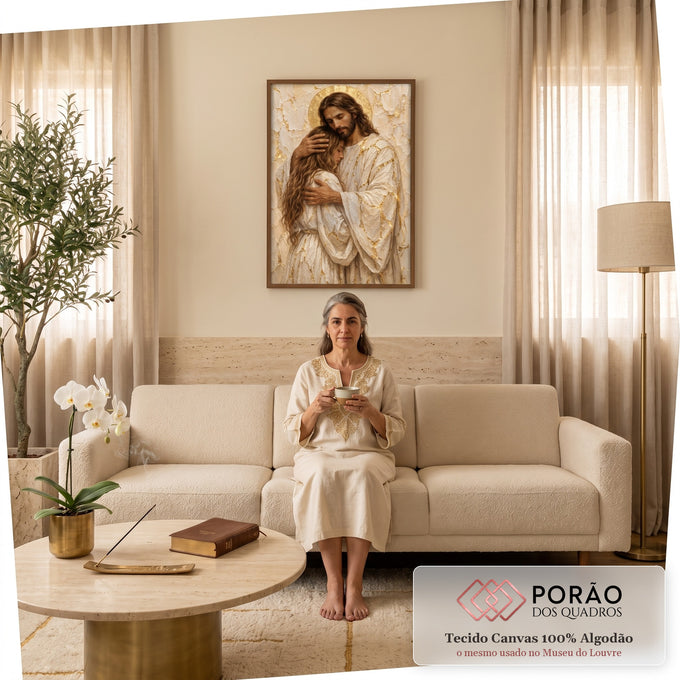 Quadro Decorativo Grande Jesus Abraçando para Sala Dourado | quadros decorativos para sala de estar | Jesus abraçando uma mulher, vestes brancas com veios dourados e auréola dourada | em ambiente 3 | Porao dos Quadros