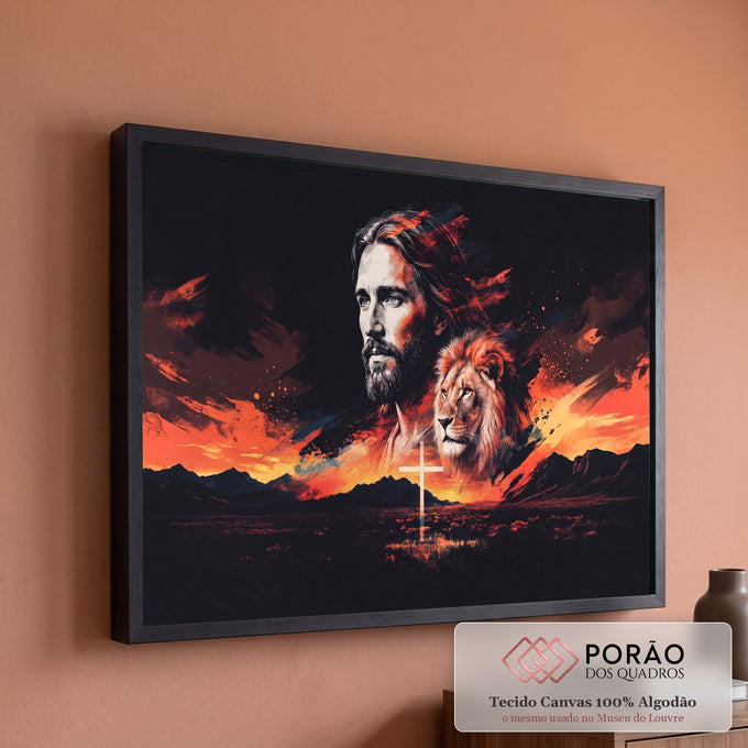 Rosto de Jesus ao lado de leão, cruz e montanhas sob céu laranja em fundo preto, quadro decorativo