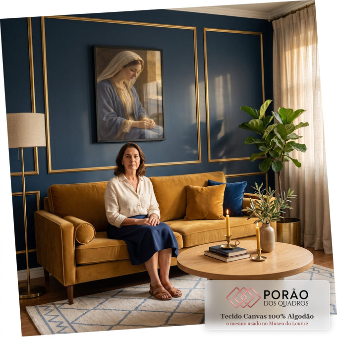 Quadro Decorativo Grande Nossa Senhora Véu Branco para Sala | quadros decorativos | mulher de véu e manto azul em oração diante de janela de pedra ao entardecer | em ambiente 2 | Porao dos Quadros