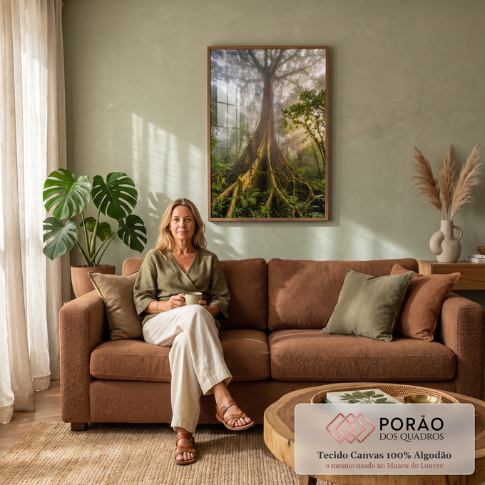 Quadro Decorativo Grande Árvore da Vida para Sala Verde | quadros decorativos para sala de estar | árvore gigante com raízes tabulares cobertas de musgo em floresta com neblina e raios de sol | em ambiente 3 | Porao dos Quadros