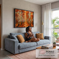 Quadro Decorativo Grande Floresta de Bétulas para Sala | quadros decorativos para sala de estar | floresta de bétulas com folhagem laranja e vermelha outonal em trilha iluminada | em ambiente 3 | Porao dos Quadros