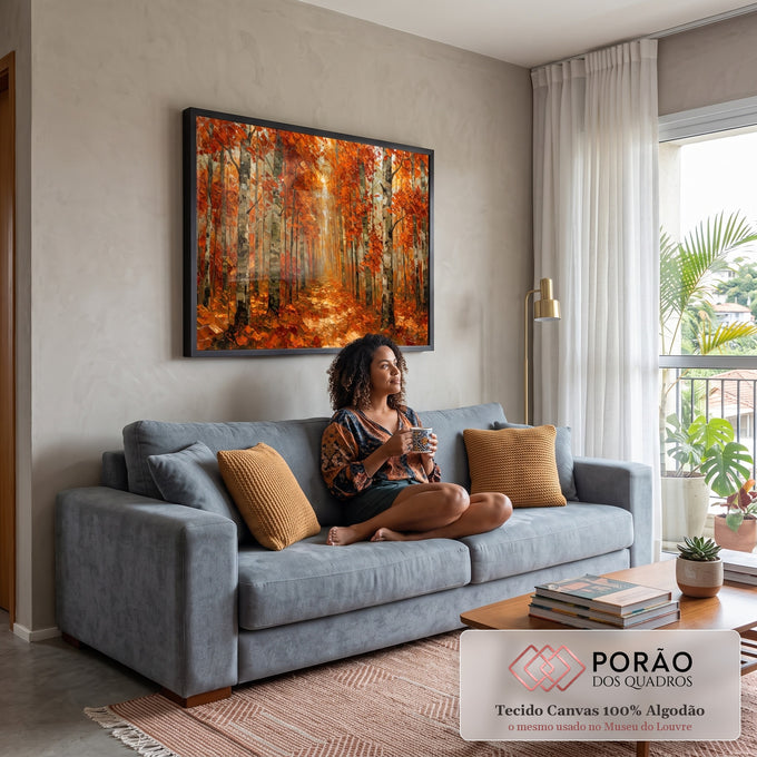 Quadro Decorativo Grande Floresta de Bétulas para Sala | quadros decorativos para sala de estar | floresta de bétulas com folhagem laranja e vermelha outonal em trilha iluminada | em ambiente 3 | Porao dos Quadros