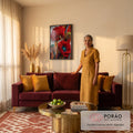 Duas papoulas vermelhas em relevo com cápsulas de sementes e caules ornamentais, quadro decorativo