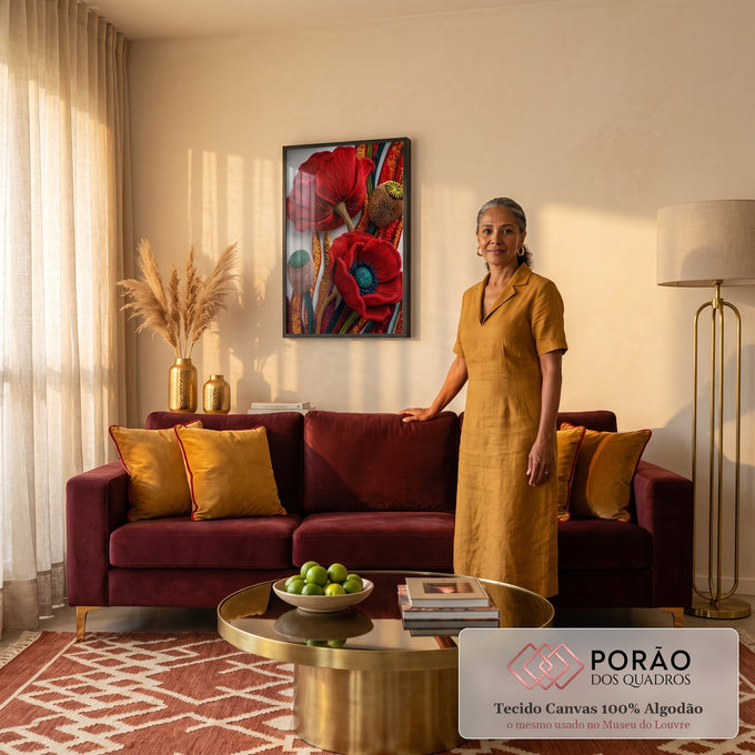 Duas papoulas vermelhas em relevo com cápsulas de sementes e caules ornamentais, quadro decorativo