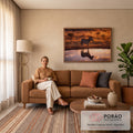 Quadro Decorativo Grande Zebra na Savana para Sala Laranja | quadros decorativos para sala de estar | zebra refletida na água dourada de uma savana ao pôr do sol | em ambiente 3 | Porao dos Quadros