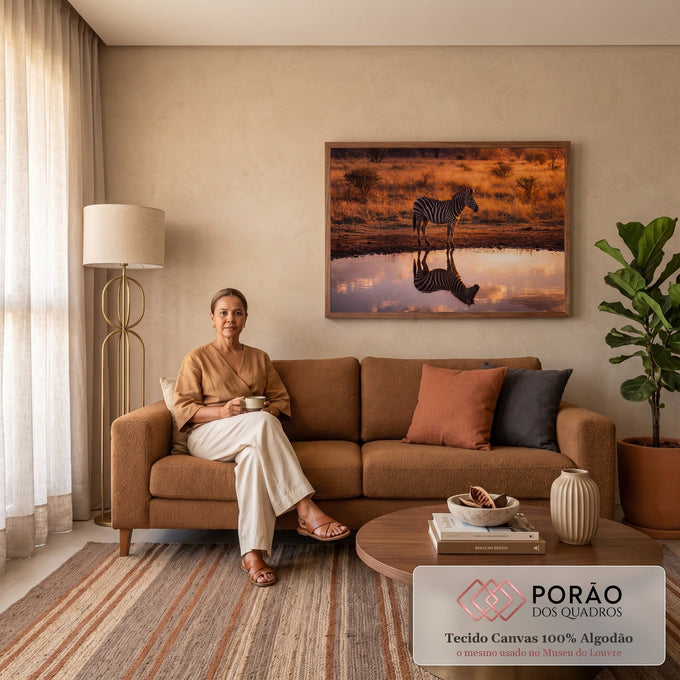 Quadro Decorativo Grande Zebra na Savana para Sala Laranja | quadros decorativos para sala de estar | zebra refletida na água dourada de uma savana ao pôr do sol | em ambiente 3 | Porao dos Quadros