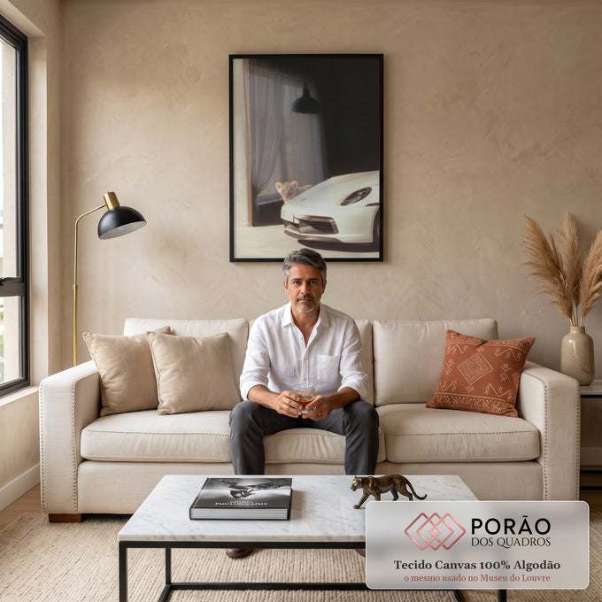 Quadro Decorativo Grande Filhote de Leão para Sala Preto | quadros decorativos para sala de estar | filhote de leão espiando atrás de carro esportivo branco em vão escuro | em ambiente 3 | Porao dos Quadros