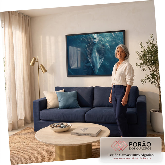 Quadro Decorativo Grande Tubarão Baleia Azul para Sala | quadros decorativos para sala de estar | vista aérea de tubarão-baleia nadando perto de uma lancha no oceano azul | em ambiente 3 | Porao dos Quadros