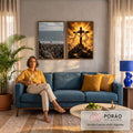 Quadro Decorativo Kit 2 Telas Cruz para Sala Dourado | quadros decorativos para sala de estar | cruz de madeira com coroa de espinhos sobre montanha e multidão bíblica na praia | em ambiente 3 | Porao dos Quadros