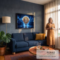 Quadro Decorativo Grande Moeda Diamante para Escritório Azul | quadros decorativos para sala de estar | moeda de Bitcoin dourada com diamantes dentro de uma gema cercada por chamas azuis | em ambiente 3 | Porao dos Quadros