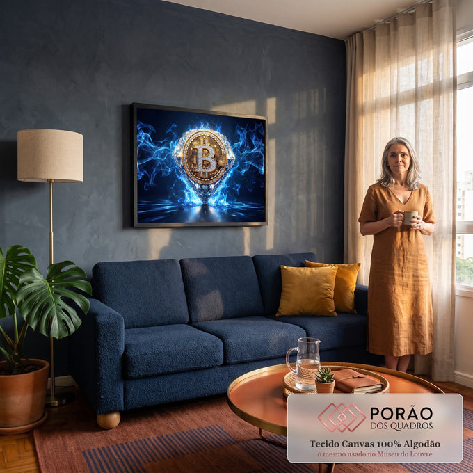 Quadro Decorativo Grande Moeda Diamante para Escritório Azul | quadros decorativos para sala de estar | moeda de Bitcoin dourada com diamantes dentro de uma gema cercada por chamas azuis | em ambiente 3 | Porao dos Quadros