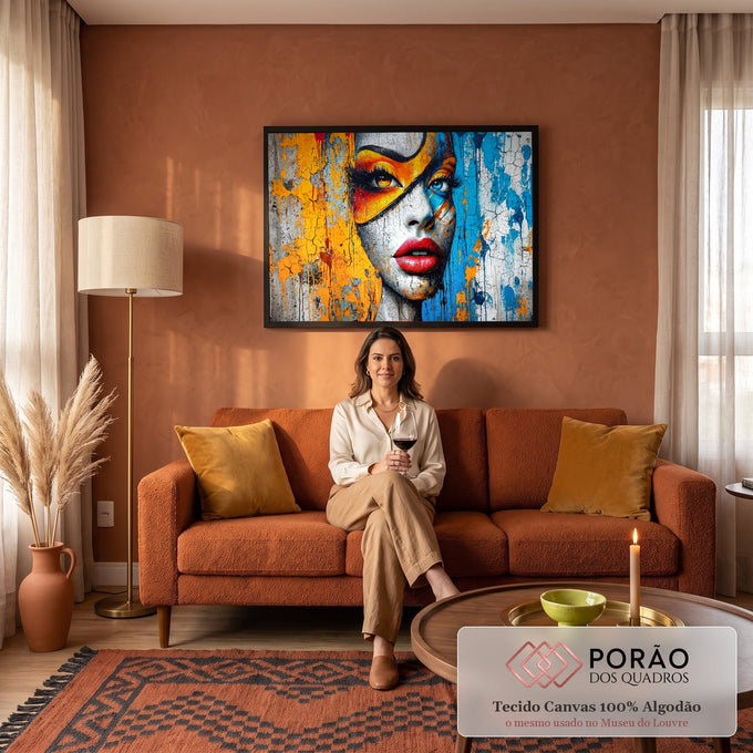Rosto feminino grafitado, lábios vermelhos, tinta escorrida amarela e azul e textura rachada, quadro decorativo