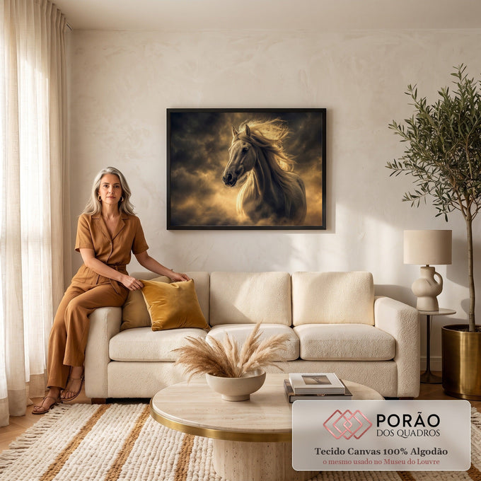 Cavalo branco de crina esvoaçante entre nuvens escuras e luz dourada, quadro decorativo
