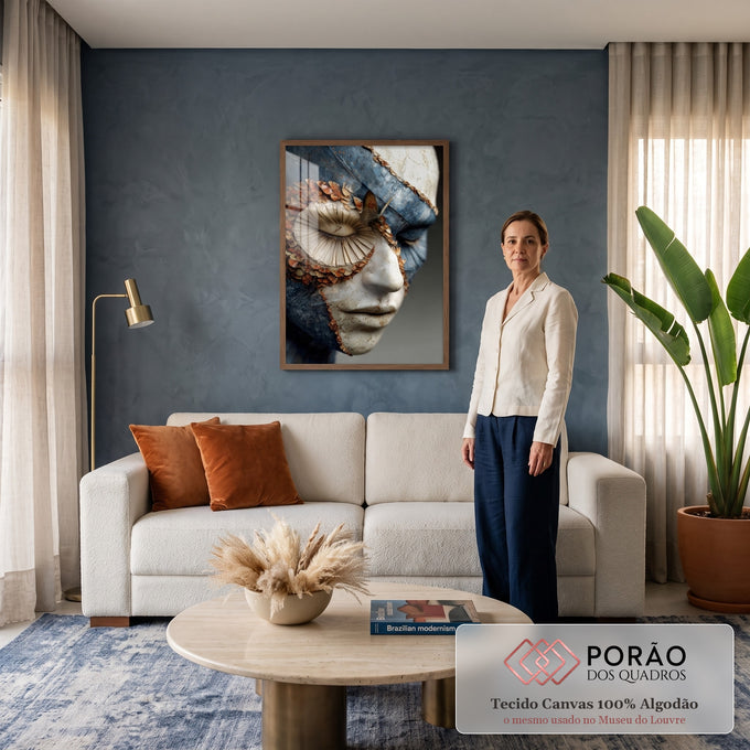 Rosto esculpido azul e branco craquelado com olho em leque e borboletas laranja, quadro decorativo