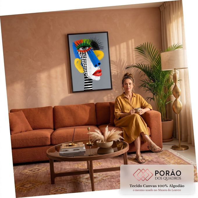 Quadro Decorativo Grande Rosto Pop Art para Sala Azul | quadros decorativos para sala de estar | rosto de perfil em pop art com olho realista e cores vibrantes em blocos | em ambiente 3 | Porao dos Quadros