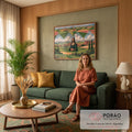 Mona Lisa numa paisagem toscana surreal com campos geométricos, ciprestes e girassóis, quadro decorativo