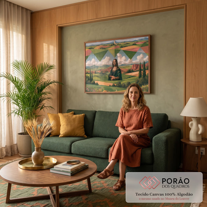 Mona Lisa numa paisagem toscana surreal com campos geométricos, ciprestes e girassóis, quadro decorativo