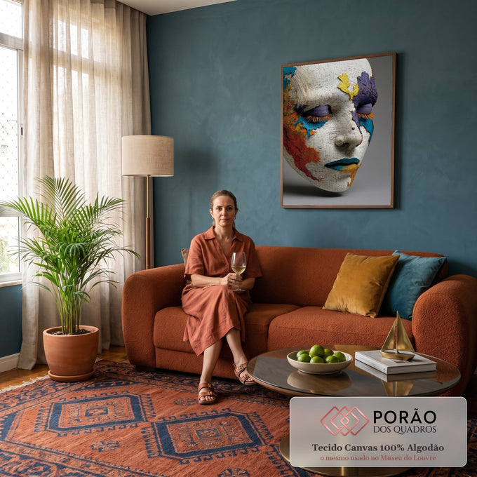 Quadro Decorativo Grande Rosto em Mapas para Sala Branco | quadros decorativos para sala de estar | rosto esculpido em mapas antigos com cílios laranja e lábios coloridos | em ambiente 3 | Porao dos Quadros