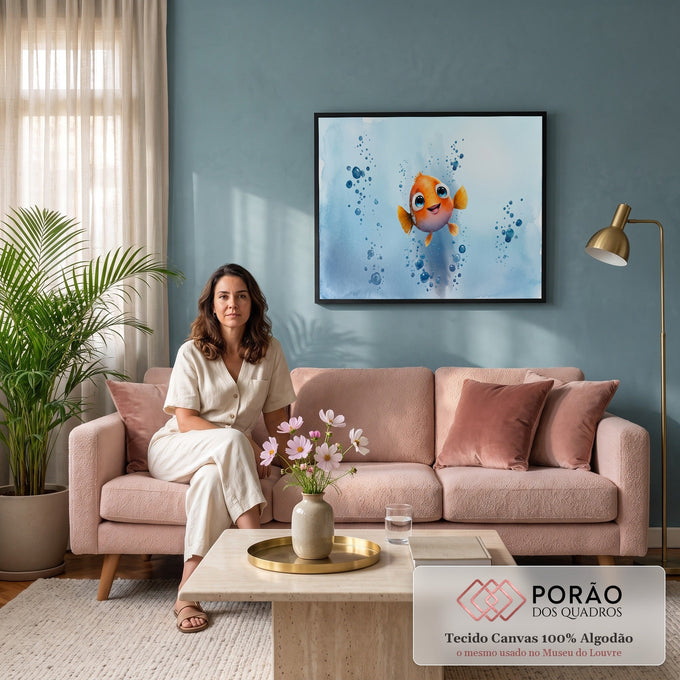 Quadro Decorativo Grande Peixinho Peixe para Quarto de Bebê | quadros decorativos para sala de estar | peixinho laranja fofo de olhos azuis grandes nadando entre bolhas em aquarela | em ambiente 3 | Porao dos Quadros
