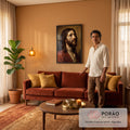 Retrato de Jesus de perfil em óleo, manto vermelho e olhar ao céu sobre fundo marrom, quadro decorativo