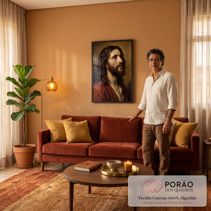 Retrato de Jesus de perfil em óleo, manto vermelho e olhar ao céu sobre fundo marrom, quadro decorativo