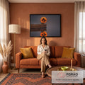 Quadro Decorativo Grande Lua com Palmeiras para Sala Laranja | quadros decorativos para sala de estar | lua laranja gigante atrás de palmeiras e cabana de barro sobre penhasco refletido na água | em ambiente 3 | Porao dos Quadros