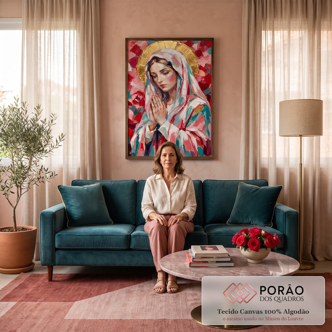 Quadro Decorativo Grande Nossa Senhora Vermelho para Sala | quadros decorativos para sala de estar | Nossa Senhora em oração com véu rosa e turquesa, auréola dourada sobre fundo de rosas vermelhas | em ambiente 3 | Porao dos Quadros