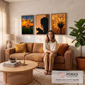 Quadro Decorativo Kit 3 Telas Dente Mulher Lendo para Sala | quadros decorativos para sala de estar | três painéis com dente-de-leão ao pôr do sol e silhueta de mulher lendo um livro | em ambiente 3 | Porao dos Quadros