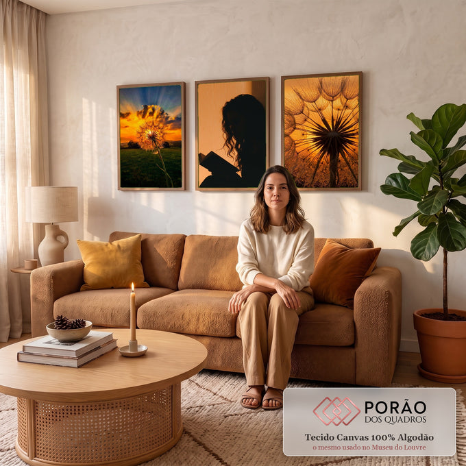 Quadro Decorativo Kit 3 Telas Dente Mulher Lendo para Sala | quadros decorativos para sala de estar | três painéis com dente-de-leão ao pôr do sol e silhueta de mulher lendo um livro | em ambiente 3 | Porao dos Quadros