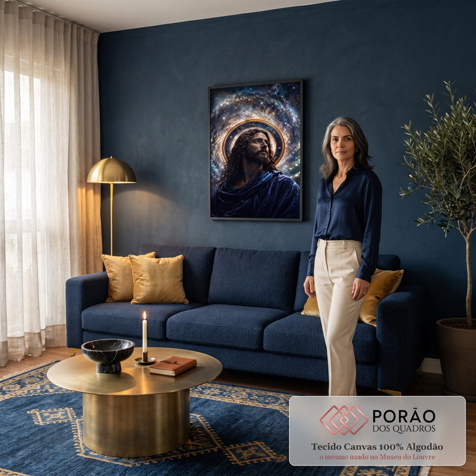 Quadro Decorativo Grande Jesus Cristo Azul para Sala | quadros decorativos para sala de estar | homem com halo dourado e manto azul diante de galáxia estrelada | em ambiente 3 | Porao dos Quadros