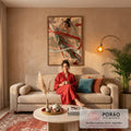 Quadro Decorativo Dançarina Oriental com Fitas ao Vento | quadros decorativos para sala de estar | mulher em hanfu com fitas vermelhas e verde-água esvoaçando no deserto | em ambiente 3 | Porao dos Quadros