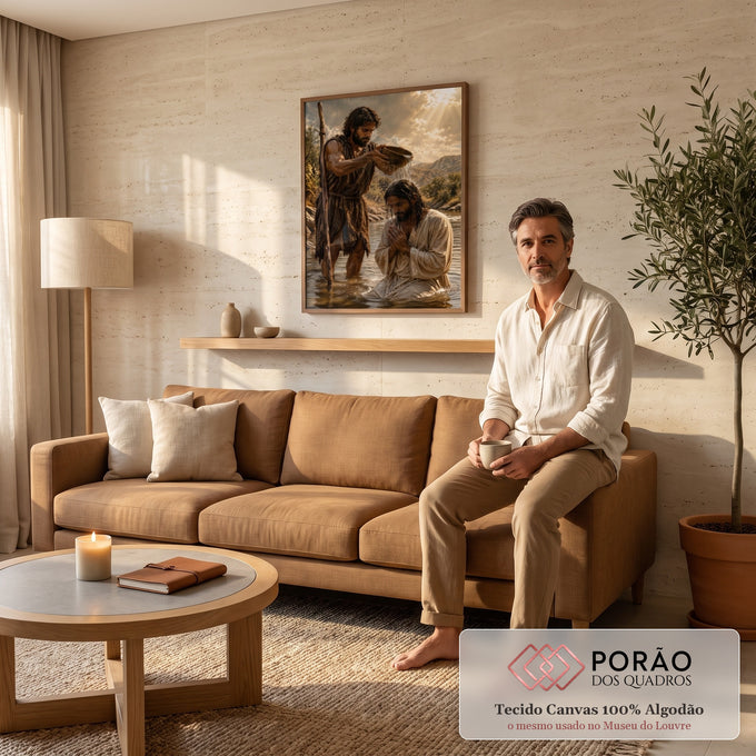 Quadro Decorativo Grande Batismo de Jesus para Sala Marrom | quadros decorativos para sala de estar | homem derramando água sobre outro ajoelhado em oração durante cena de batismo à beira de rio | em ambiente 3 | Porao dos Quadros