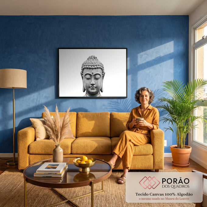 Cabeça de Buda esculpida em pedra cinza, olhos fechados e cachos espirais, fundo branco, quadro decorativo