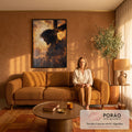 Quadro Decorativo Grande Jesus Espinhos para Sala | quadros decorativos para sala de estar | silhueta de Jesus com coroa de espinhos contra céu dourado dramático e cruz de madeira | em ambiente 3 | Porao dos Quadros