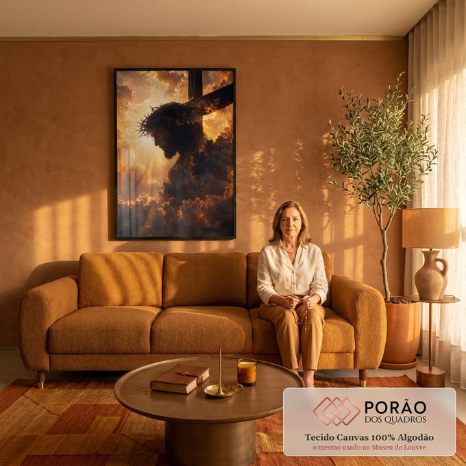 Quadro Decorativo Grande Jesus Espinhos para Sala | quadros decorativos para sala de estar | silhueta de Jesus com coroa de espinhos contra céu dourado dramático e cruz de madeira | em ambiente 3 | Porao dos Quadros
